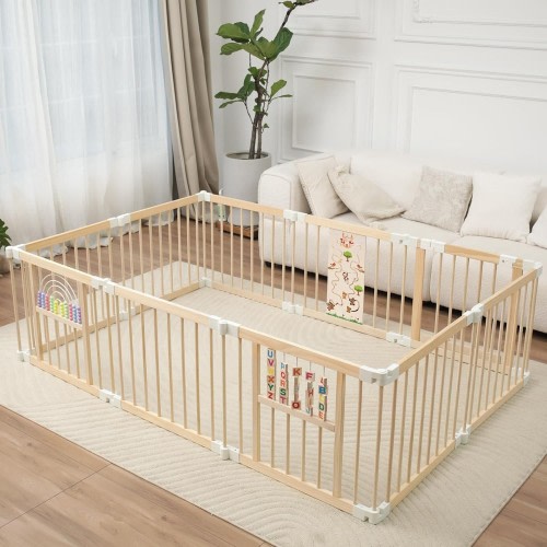 Ulnxiy Foldable Wooden Baby Playpen Activity Center Adjustable Playard