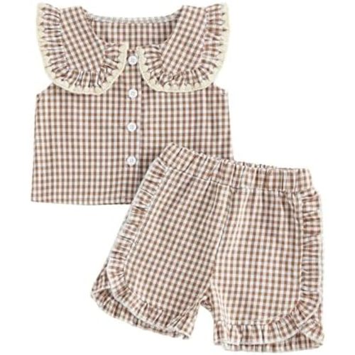 Toddler Girl Clothes Baby Summer Outfits Sleeveless Doll Collar Plaid Tops Ruffle Shorts Sets Little Girls Clothing