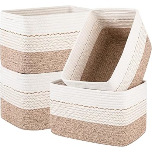 OIASKET 4 Pack Storage Baskets for Organizing, 13"X9"X7.87", Decorative Cotton Rope Baskets for Shelves, Small Woven Basket for Toys, Books and Towels, Brown & White