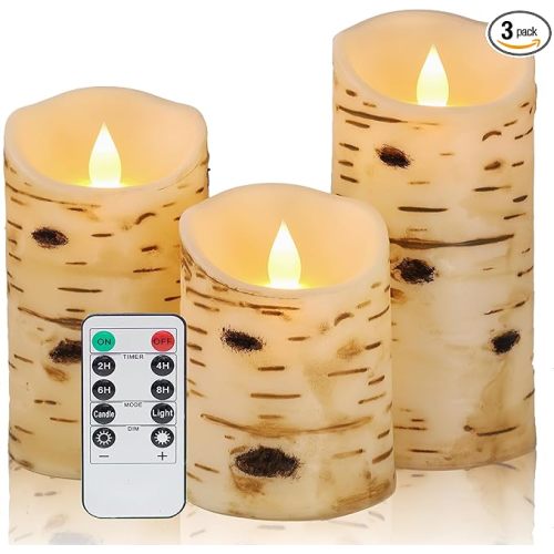 Comenzar Flameless Candles Birch Bark Candle LED Candles Home Decor H: 456" x D: 3.25" Electric Candle Faux Candles with Remote Timer Pack 3