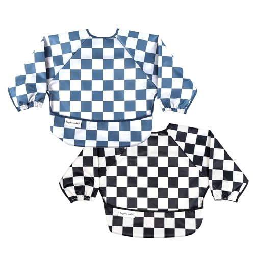 Tiny Twinkle Long Sleeve Bib for Babies & Toddlers |2-Pack Waterproof Smock Bib for Eating | Machine Washable and Mess-Proof Feeding Essentials | Newborn Shower Gift (Black, Blue Checkers, 6-24M)
