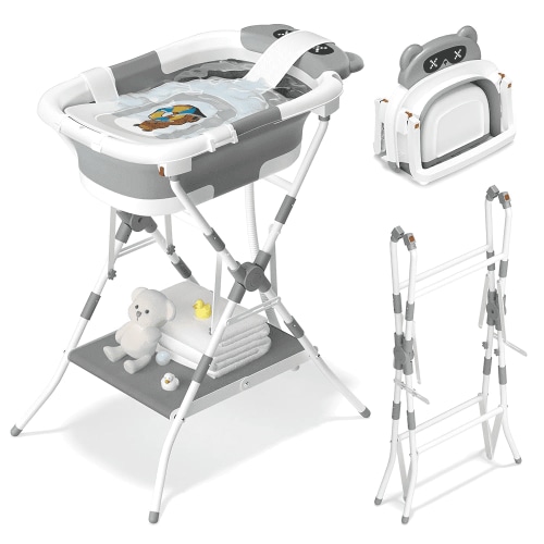COOSEYA 2-in-1 Baby Bathtub with Stand and Storage Shelf, Foldable Elevated Baby Bath Tub with Thermometer & Soft Cushion for Newborn to Toddler 0-2 Years, Gray