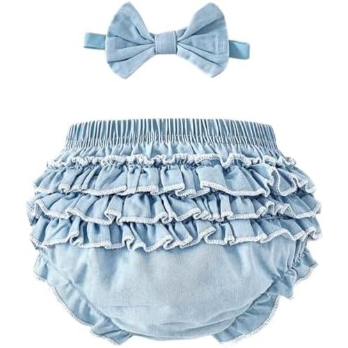 SOBOWO Baby Girl Bloomers Denim Ruffle Diaper Cover for Girls Infant Summer Shorts Headband for Birthday, Cake Smash, Photo