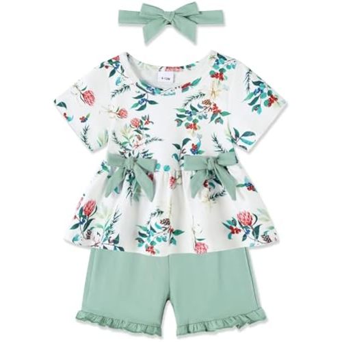 YALLET Toddler Baby Girl Clothes Summer Outfits Set, Short Sleeve T-Shirt+Casual Shorts+Headband 3Pcs Infant Girl Clothing