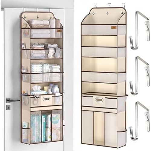Baby Nursery Over The Door Organizer – 5-Tier 10 Pocket Hanging Storage with Removable Diaper Caddy & 3 Sturdy Hooks, 55LBS Capacity Baby Essentials Holder for Bathroom Bedroom Closet, Beige