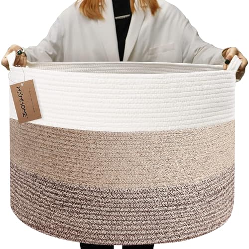 MXMHOME Large Cotton Blanket Basket,22"x22"x14" Rope Basket for Living Room Baby Laundry with Handle Nursery Soft Storage Comforter Cushions Thread Hamper