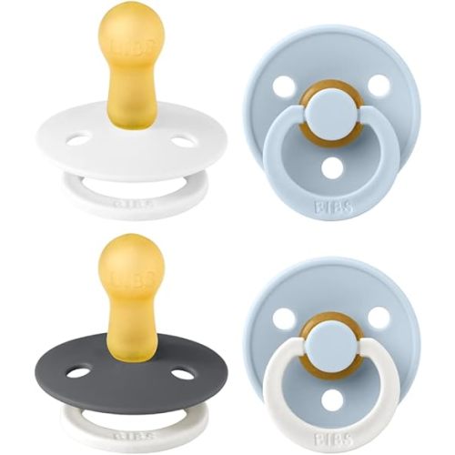 BIBS Colour Soother 4-Pack | BPA Free Dummy Pacifier | Round Nipple | Natural Rubber Latex | Made in Denmark | Size 6-18 Months | White Glow Mix