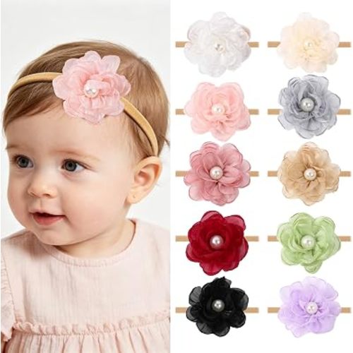 10 Pack Pearl Flower Elastic Headbands for Baby Girls Newborn Infant