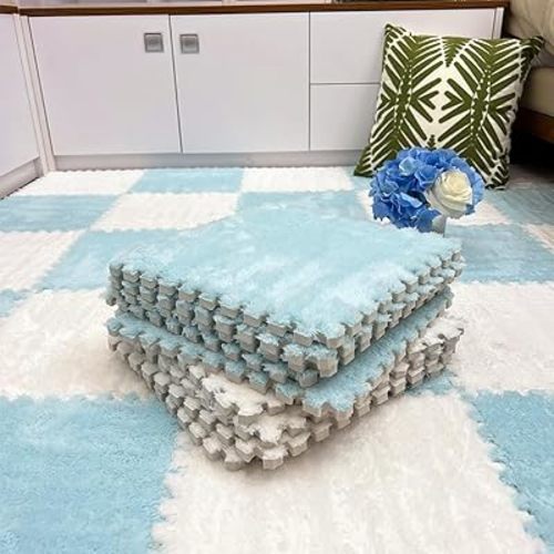 12pcs Carpet Squares Puzzle Floor Mat, Plush Interlocking Carpet Tiles, Anti Slip EVA Foam Jigsaw Floor Tiles, Build A Safe Area for Bedroom Playroom (Blue+White)