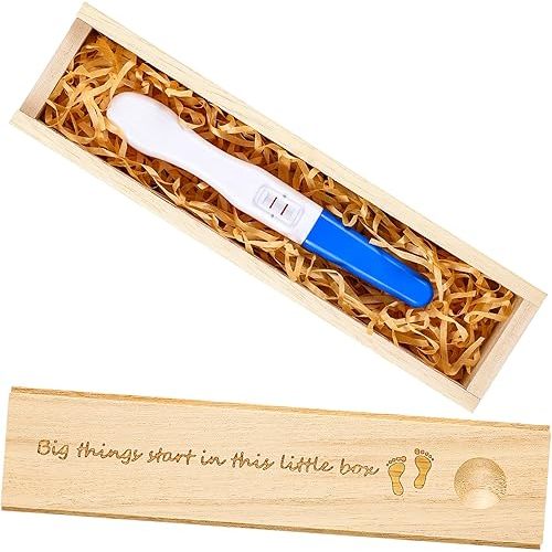 Qunclay Pregnancy Test Keepsake Box Surprise Pregnancy Announcement Box Wooden Baby for Husband Grandparents Baby Memory Souvenir Collection case with Raffia Ribbon(Elegant)