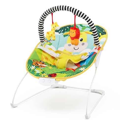 BABY JOY Baby Bouncer, Portable Baby Bouncer Seat with Vibration & Music, Removable Bar & Fabric Cover, 3-Point Safety Harness, Infant Bouncer for Babies 0-6 Months Up to 20 lbs