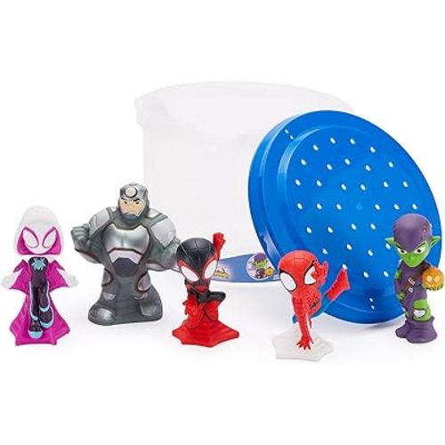 Disney Store Official Spidey and His Amazing Friends Bath Toys Set - Includes 5 Detailed Toys with a Straining Storage Bucket - Bath Time Fun and Water Play Set for Kids