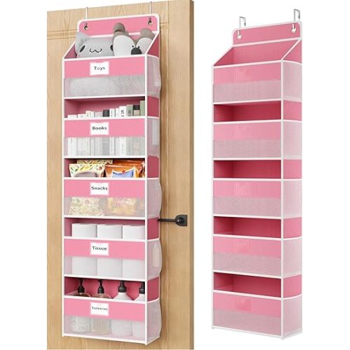 Over The Door Organizer Hanging, 5 Shelf Behind The Doors Storage, Pantry Door Organizer, Closet Organizers for Bedroom and Nursery (Pink)