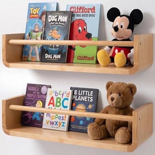Ovalo Nursery Book Shelves Set of 2 - Solid Pine Wood Nursery Bookshelf, Floating Nursery Shelves for Wall, Wall Bookshelf for Kids Room, No-Assembly Wall Mounted Baby Book Shelf. (Natural Wood)