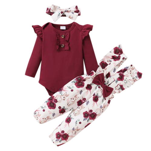 Clothes Set For Toddler Baby Girl Baby Girls Long Ruffled Sleeve Solid Romper Tops Flower Print Suspender Pant With Headbands 3Pcs A Daily Baby Girl Outfits Set 3 Months-6 Months
