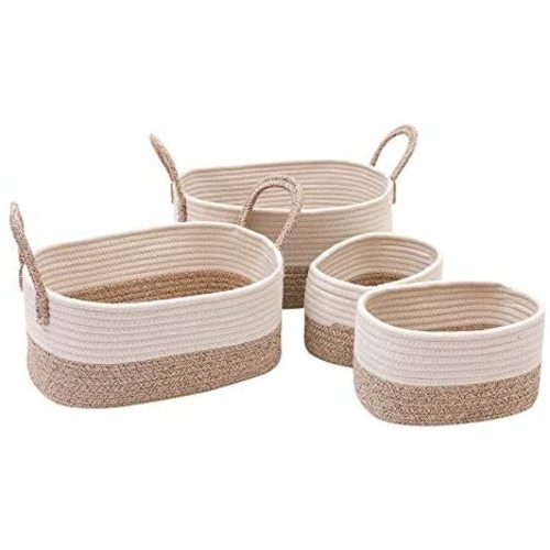 E-HOUPRO Storage Baskets Set of 4,Cotton Rope Woven Organizer Bins Foldable Decorative Basket with Handles for Baby Nursery Laundry Kid's Toy,Beige