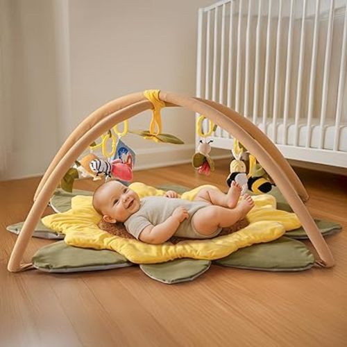 ROBUD Baby Play Mat, Sunflower Shaped Tummy Time Mat with 7 Detachable Toys, Oversize Play Mat for Babies 0-6 Months with Non-Slip Pad, Promote Sensory Development of Newborn Baby Gift, WG420