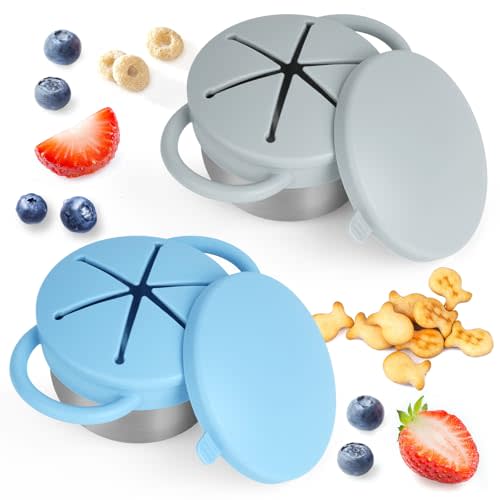 Daximo 2 Pack Snack Cups for Toddlers Spill Proof - Detachable Stainless Steel Toddler Snack Cups with Silicone Lids & Handles - Dishwasher Safe Baby Snack Containers (Matte Blue and Matte Green)