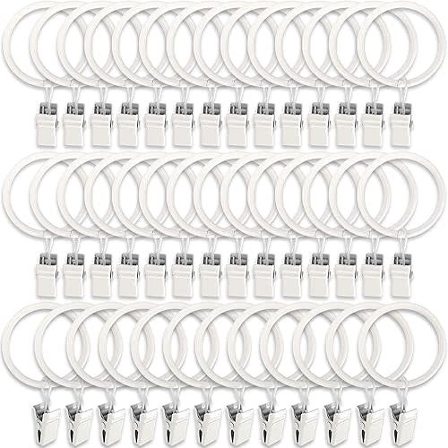 40 Pack Metal Curtain Rings with Clips, Curtain Clip Rings Hooks for Hanging Drapery Drapes Bows, Curtain Rod Rings 1.5 inch Interior Diameter, White