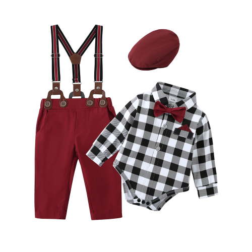 Toddler Baby Boy Clothes Suit 0-18 Months 4pcs Suspender Pants Plaid Shirt Dress Clothes Infant Set
