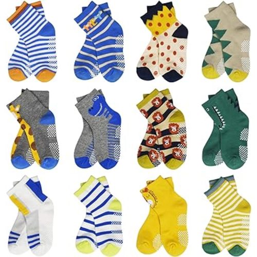 Non-Skid Grip Cotton Crew Socks Size 1-3, 12 Pairs