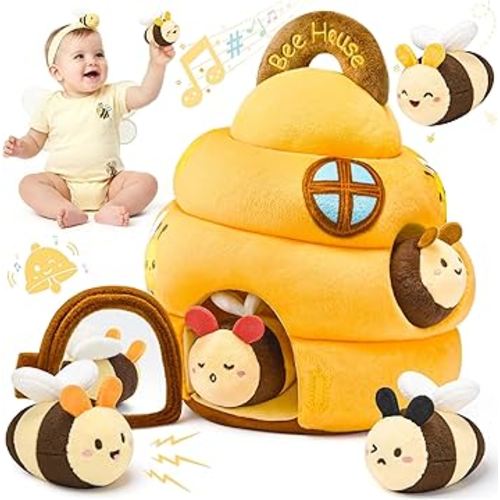 Baby Toys 6-12 Months - Beehive Infant Toy with 5 Sensory Bees Stuffed Animals, Crinkle, Rattle, Mirror & Music, Montessori Toys for 6 7 8 9 10 11 12 Month Old Baby Boys Girls Birthday Christmas Gift