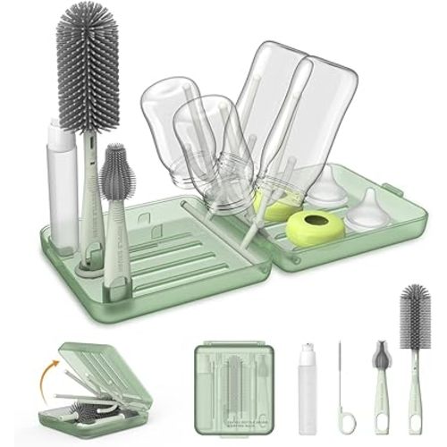 Travel Bottle Cleaner Kit with Bottle Drying Rack, Transparent Green