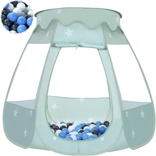 Wilhunter Baby Ball Pit for Toddler with 50 Balls, Kids Pop Up Play Tent for Girls, Princess Toys Gifts for Children Indoor & Outdoor Playhouse (Celadon: Gray/White/Babyblue, 109x90cm/50 Balls)