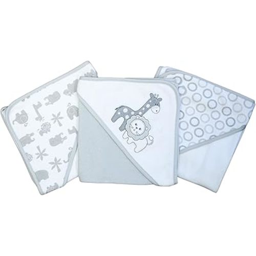 Spasilk Baby 3 Pack Soft Terry Hooded Towel Set for Newborn Boys and Girls Gray Lion One Size