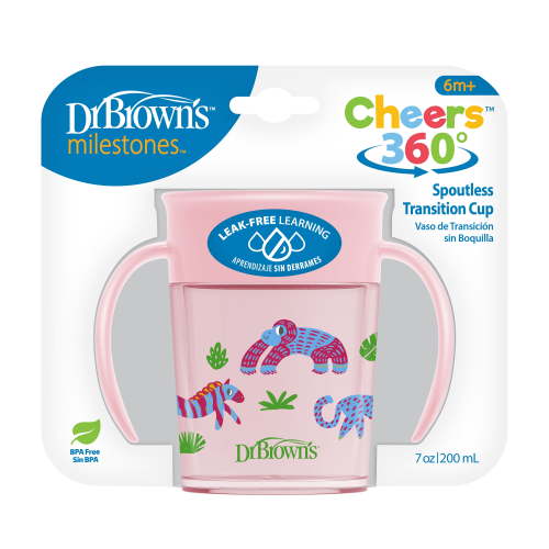 Dr. Brown's Milestones Cheers 360 Training Sippy Cups with Handles for Babies and Toddlers - Pink Animals - 7oz - 6m+
