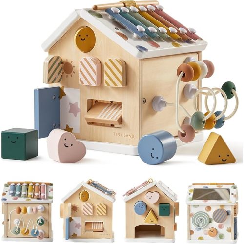 Tiny Land 9-in-1 Wooden Activity Cube, Montessori Baby Activity Center for 1+ Year Old, Educational Toy for Toddlers, Ideal Gift for Boys and Girls (Morandi)