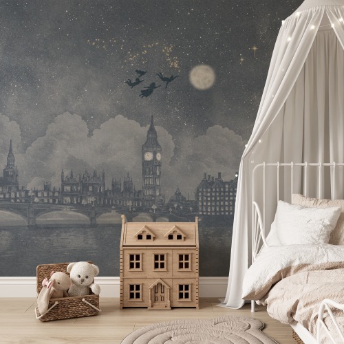 Neverland Midnight Blue - Whimsical Peter Pan Inspired London Skyline Wallpaper Mural