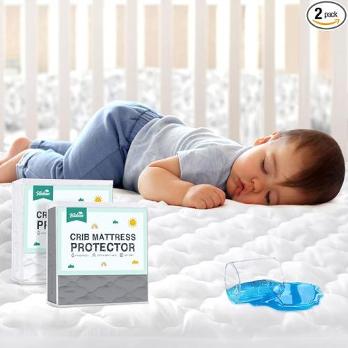 2 Pack Crib Mattress Protector Sheets, Fitted Waterproof Mattress Pad Cover, Noiseless & Machine Wash 100% Absorbent Crib/Toddler Mattress Protector Sheet Quilted, White & Gray, 52" x 28"