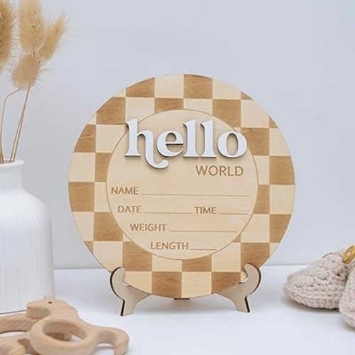 Baby Announcement Sign 6.5 Inch Wooden Hello World Newborn Welcome Sign Birth Name (Checkered)