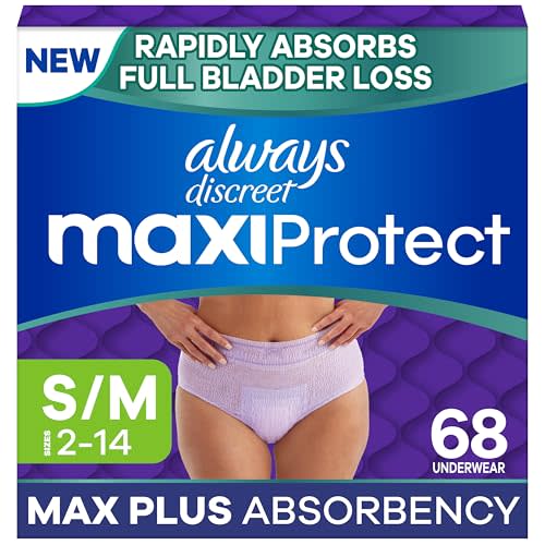 Always Discreet MaxiProtect Adult Diapers for Women, Incontinence Underwear, Scented, Postpartum Essentials, Bladder Leak Protection, Disposable Briefs, Maximum Plus Absorbency, Size S/M, 68 Count
