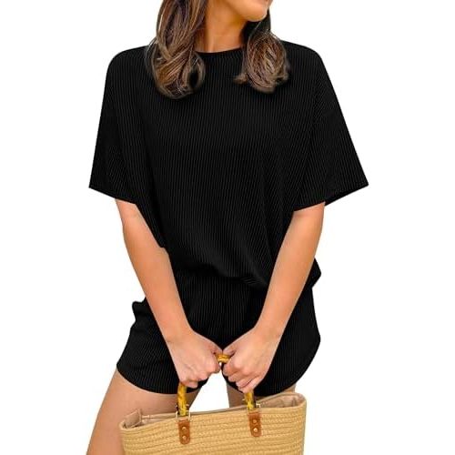 KIRUNDO Two Piece Sets for Women Dressy Casual Ribbed Knit Short Sleeve Top Matching Shorts Lounge Set 2026 Summer Outfits