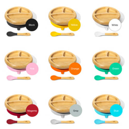 Bamboo &amp; Silicone Baby Plates with Spoon - BLW Suction Divided Plate Set- Black