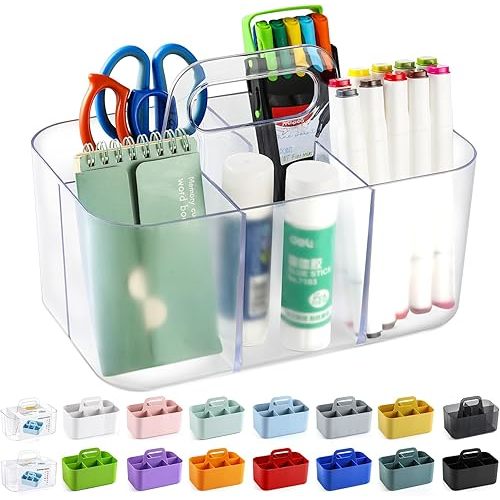 Multiuse Caddy Organizer with Handle - Stackable Plastic Bin - Divided Storage Tote Holder for Art Craft Supplies, Makeup, Bathroom, Shower, Cleaning, Kitchen, Office, Dorm, Desktop - Frosted Clear