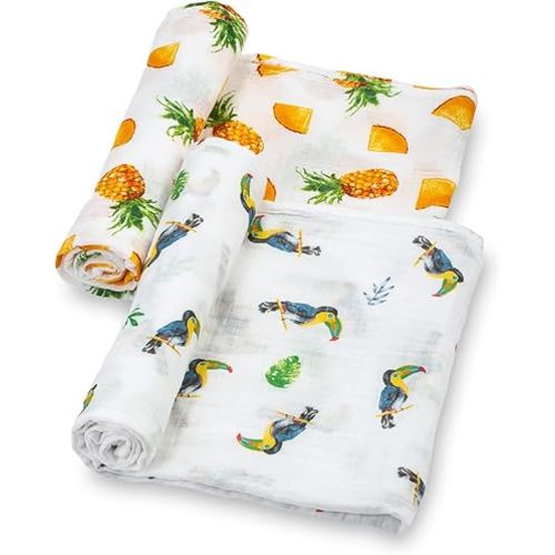 LollyBanks Swaddle Blanket | 100% Muslin Cotton | Gender Neutral Newborn and Baby Nursery Essentials for Girls and Boys, Registry | Tropical 2 Pack