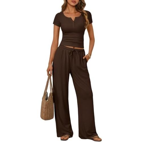 Trendy Queen Women's 2 Piece Matching Lounge Sets Summer Henley Neck Slightly Crop Top Wide Leg Pants Casual Sweat Suit