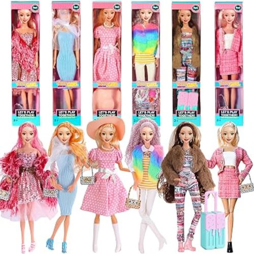 6 Pack Fashion 11.5 inch American Toy Prinecess Dolls Playset with Outfits Dress Design and Accessories Like Handbag Hat Crown Necklace Suitcase (Gift Box Package)