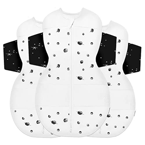 Happiest Baby SNOO Sleep Sack - 100% Organic Cotton Baby Swaddle Blanket - Doctor Designed Promotes Healthy Hip Development - 3-Pack Bundle (Ivory Planets with Black Wings, S, M, L)