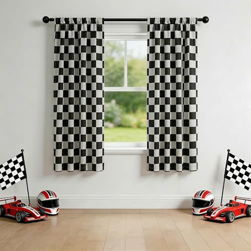 3 Inches Checkered Blackout Curtains, 2 Panels, 21 * 63 | 100% Blackout, Race Car Flag Checkered, Thermal Insulated, Noise Reducing, Machine Washable, Grommet Top