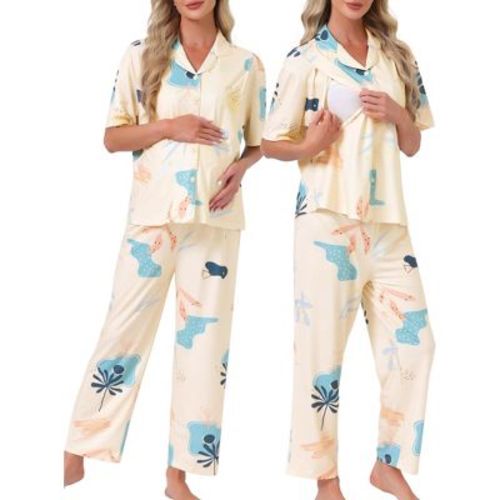 INSPIRE CHIC Maternity Nursing Short Sleeves Breastfeeding Loungewear Button Down Postpartum Pajama Sets Large Yellow