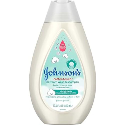Johnson's CottonTouch Newborn Baby Body Wash & Shampoo, Gentle & Tear-Free, Made with Real Cotton, Gently Washes Away Dirt & Germs, Sulfate- & Paraben-Free for Sensitive Skin, 13.6 fl. oz