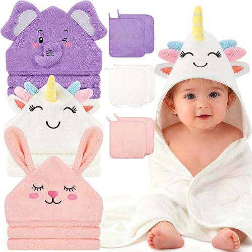 6 PCS Baby Towels, 3 PCS Soft Hooded Baby Towels & 3 PCS Washcloths, Baby Bath Towels for Newborns, Infants & Toddlers- Coral Fleece, Soft & Ultra Absorbent, Cute Towel Gift for Boys & Girls