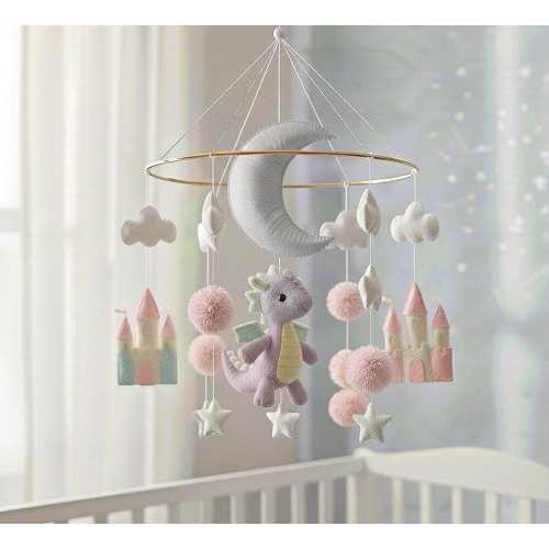 Purple Dragon Baby Mobile, Felt Castle Nursery Decor, Fantasy Crib Mobile