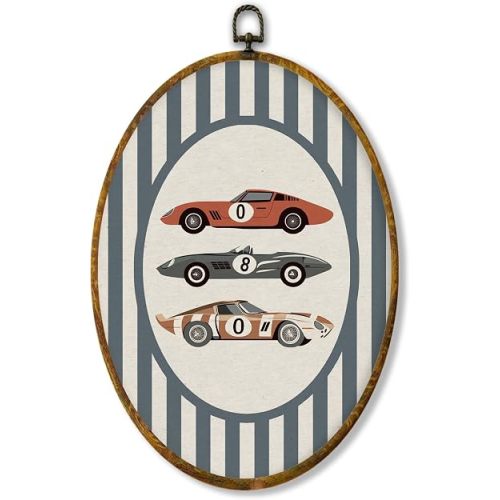 Hiuwevt Vintage Race Car Boy Nursery Oval Wall Art Decor, Boys Room Framed Canvas Prints, Race Car Striped Oval Wall Hanging Decor for Kids Boy Nursery Bedroom Playroom Decorations, 8.6x11.4 Inches