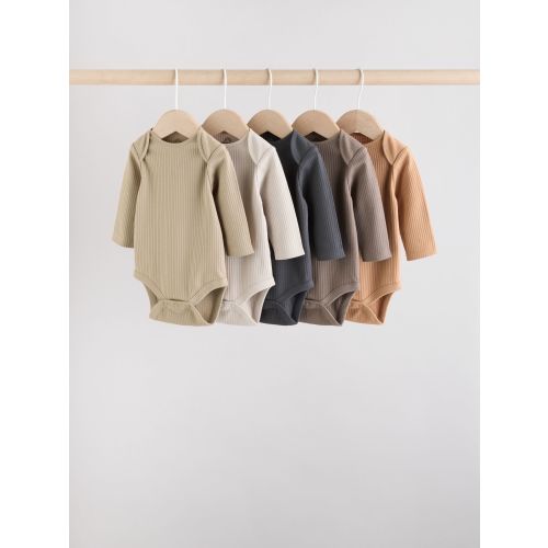 Brown Long Sleeve Baby Bodysuits 5 Pack 6-9M