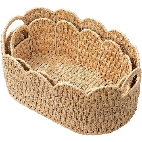 Coeusy Paper Rope Scalloped Basket Set of 2, Wicker Storage Baskets for Shelves,Gifts,Books,Toys,Cute Decor Rattan Baskets for Organizing,Natural Color